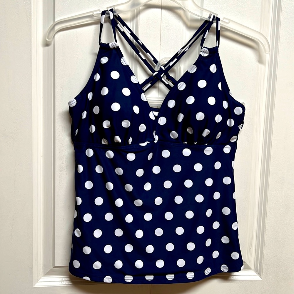 Navy Blue White Polka Dot Double Strap Tankini Bathing Suit Top Size L